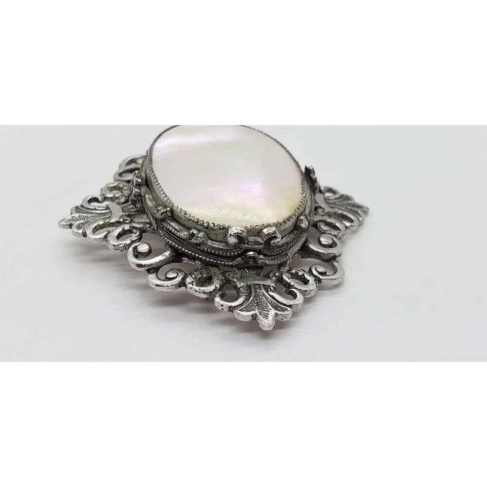Vintage Whiting Davis Mother of Pearl Brooch Victorian Revival Silver Filagree